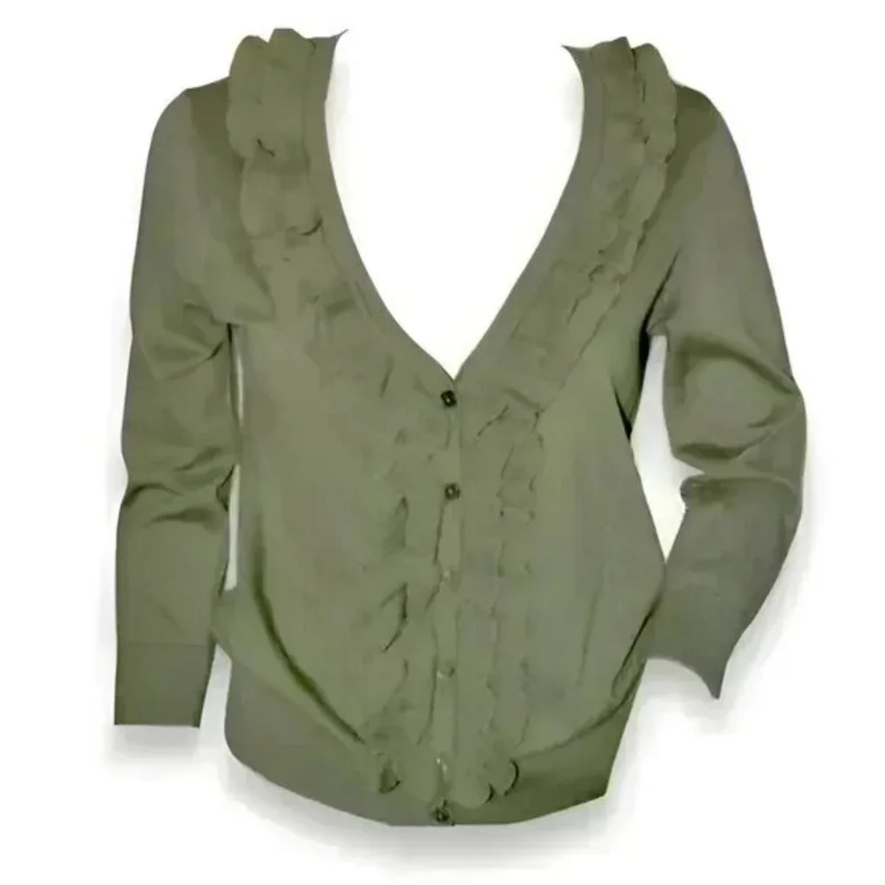 NWT Talbots Olive Sage Green Pima Cotton Ruffle V-Neck Cardigan Dress Sweater XS